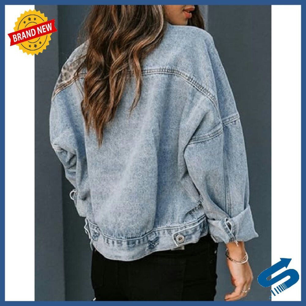 Distressed Denim Jacket with Leopard Patchwork, Button Down, Long Sleeve - Picture 7 of 7